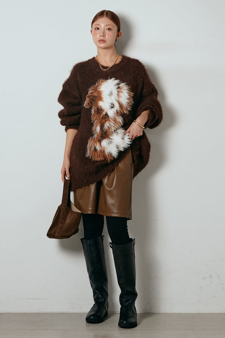 [SET]シャギーニュアンスアニマルニット+ストレッチエコレザーバミューダパンツ(2set)