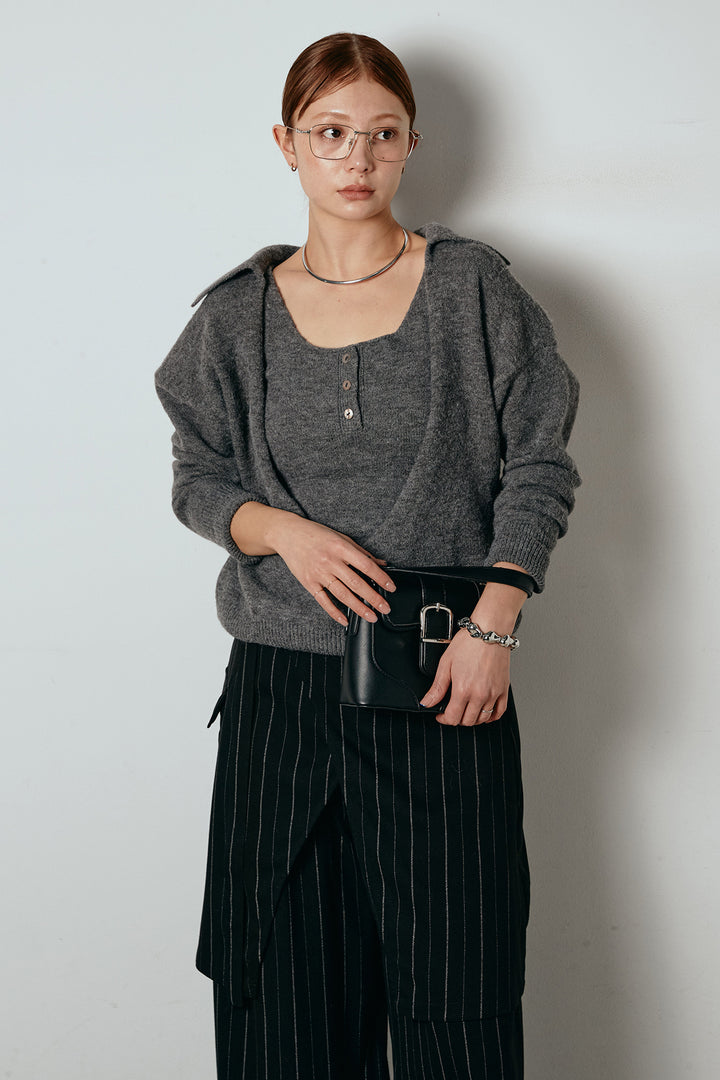 [SET]襟付きレイヤードニットトップス+細ストライプレイヤードデザインパンツ(2set)