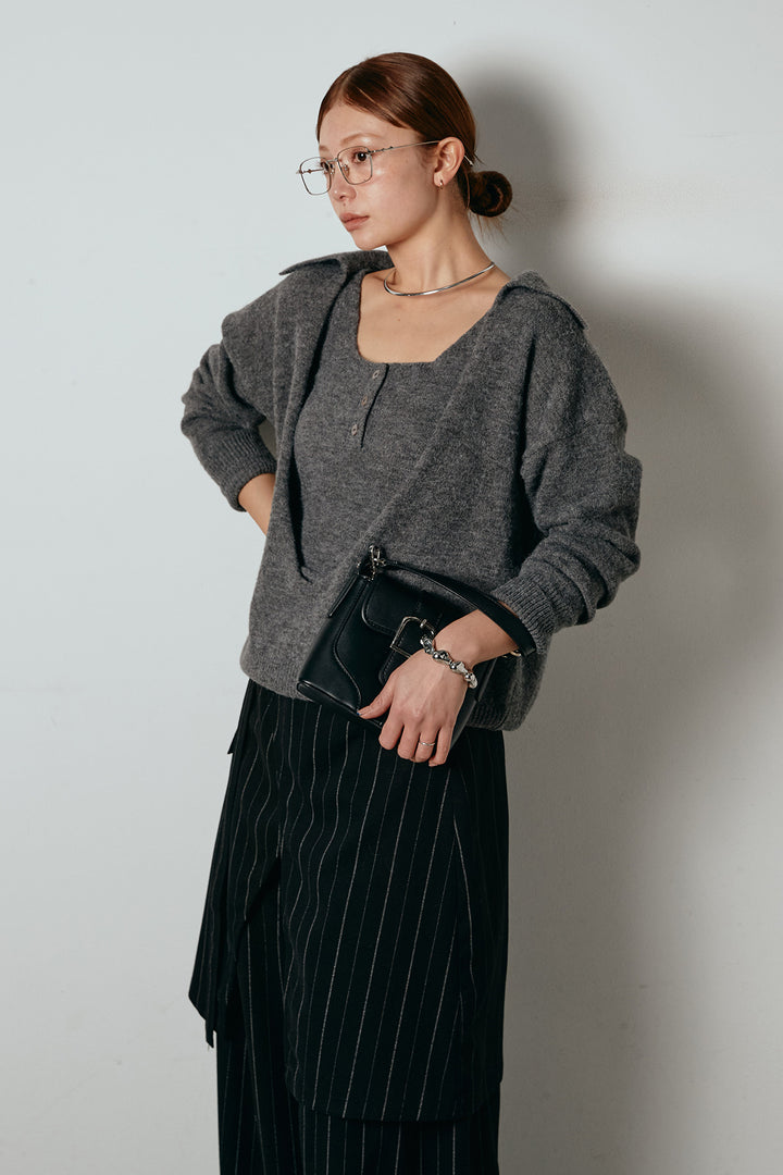 [SET]襟付きレイヤードニットトップス+細ストライプレイヤードデザインパンツ(2set)