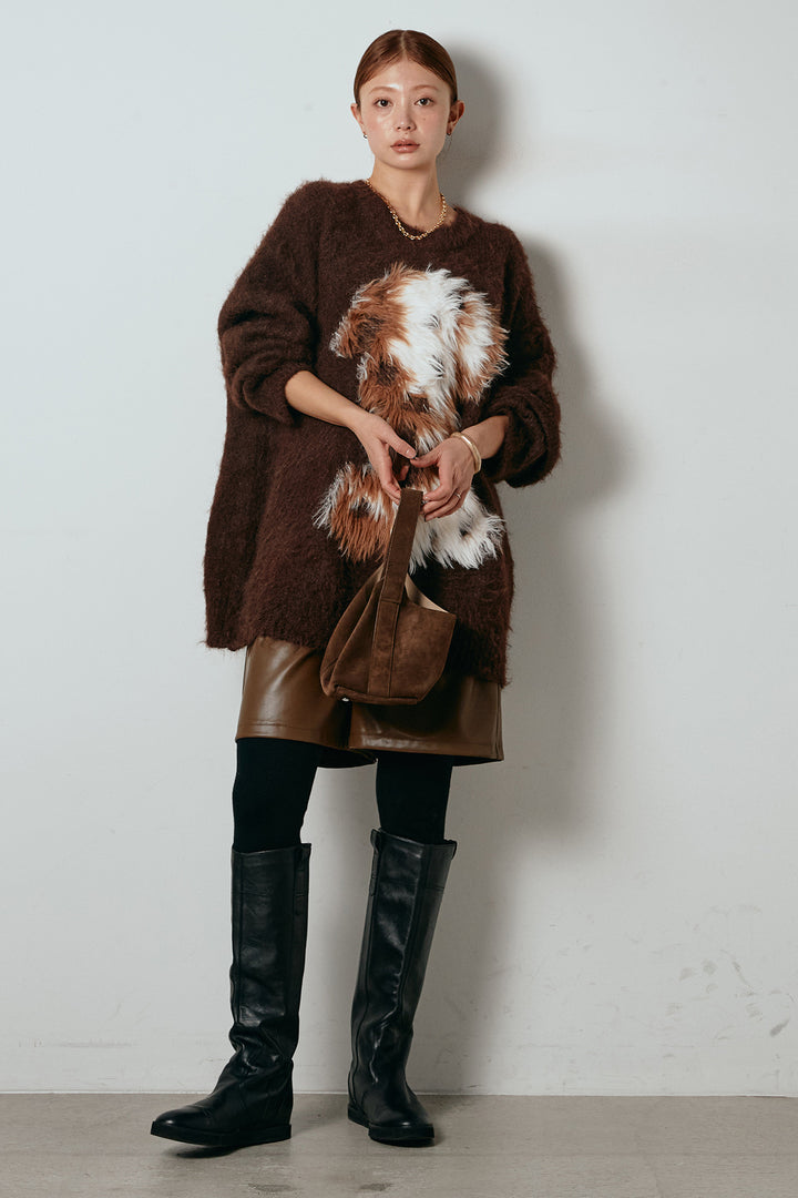 [SET]シャギーニュアンスアニマルニット+ストレッチエコレザーバミューダパンツ(2set)