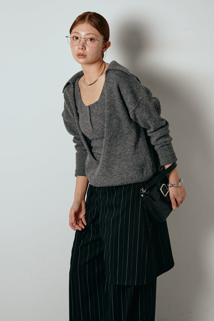 [SET]襟付きレイヤードニットトップス+細ストライプレイヤードデザインパンツ(2set)