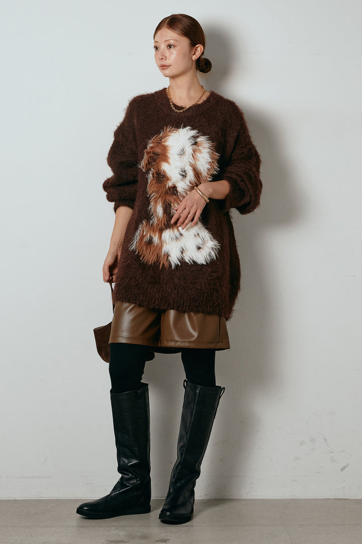 [SET]シャギーニュアンスアニマルニット+ストレッチエコレザーバミューダパンツ(2set)