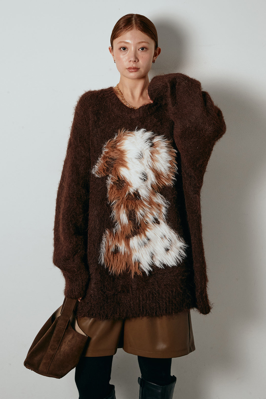 [SET]シャギーニュアンスアニマルニット+ストレッチエコレザーバミューダパンツ(2set)