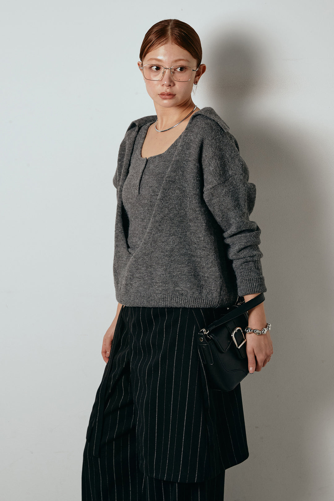 [SET]襟付きレイヤードニットトップス+細ストライプレイヤードデザインパンツ(2set)