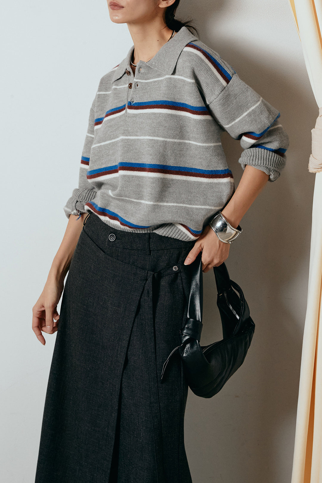 [SET]襟付きマルチボーダーニットポロトップス+ラップ巻きワイドスラックス(2set)