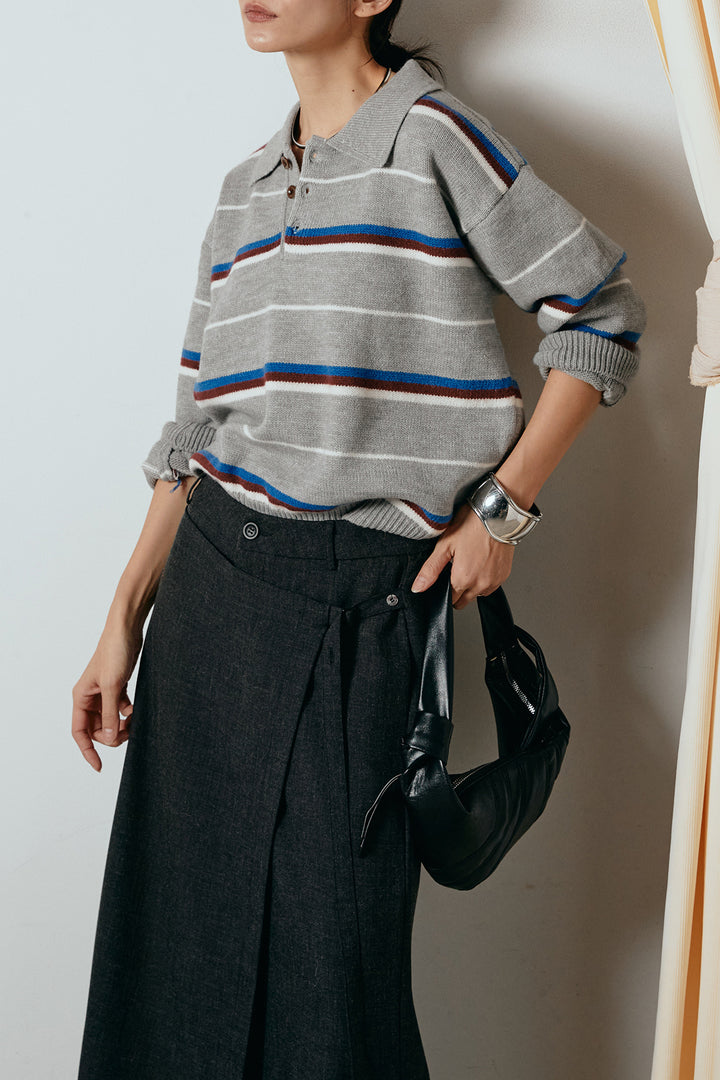 [SET]襟付きマルチボーダーニットポロトップス+ラップ巻きワイドスラックス(2set)