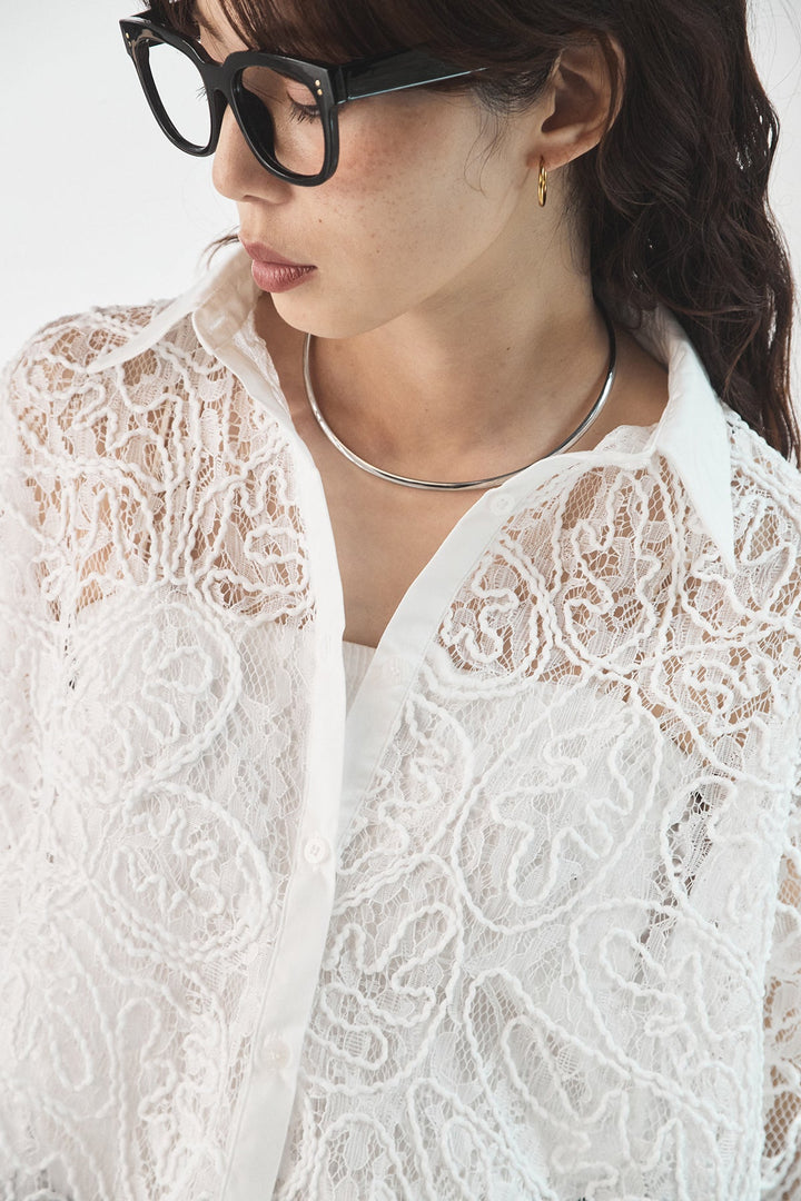 [SET]刺繍レースオーバーサイズシャツ+サテンレース切り替えタックパンツ(2set)