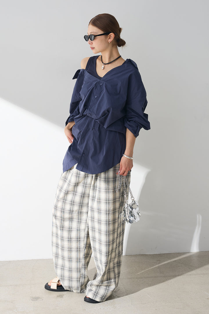 [SET]タンク付きアシメシャツ+タータンチェックワイドパンツ(2set)