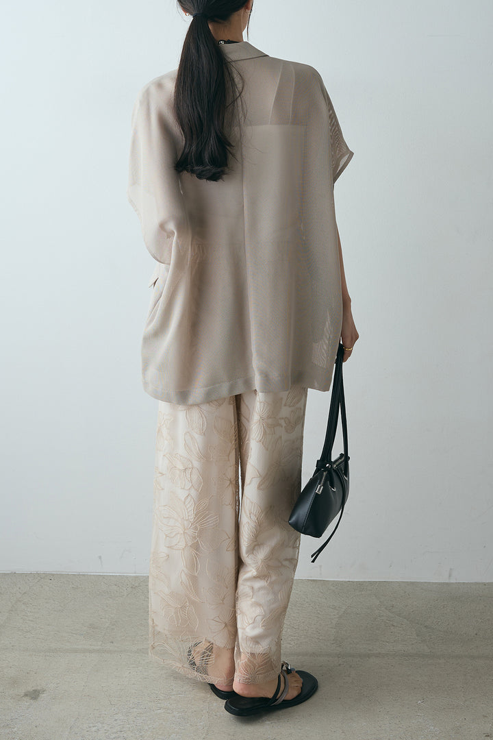 [SET]メッシュノースリーブジレ+チュール花柄刺繍ワイドパンツ(2set)