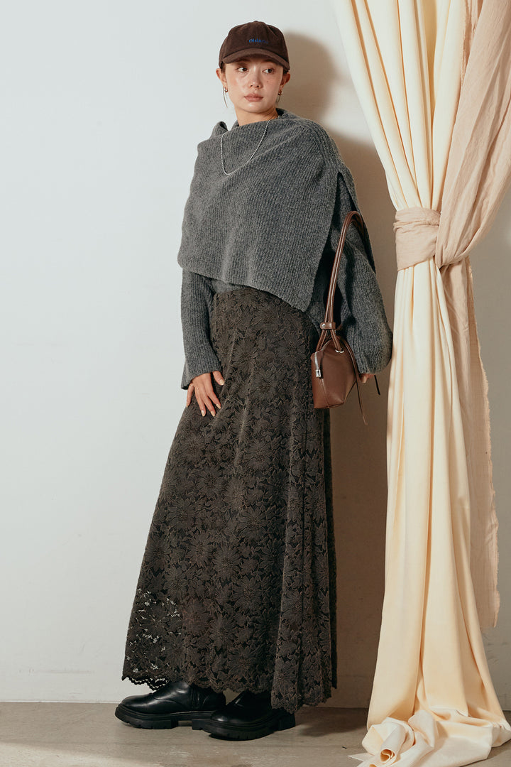 [SET]ケープデザインリブニットトップス+花柄刺繍ベロアフレアスカート(2set)