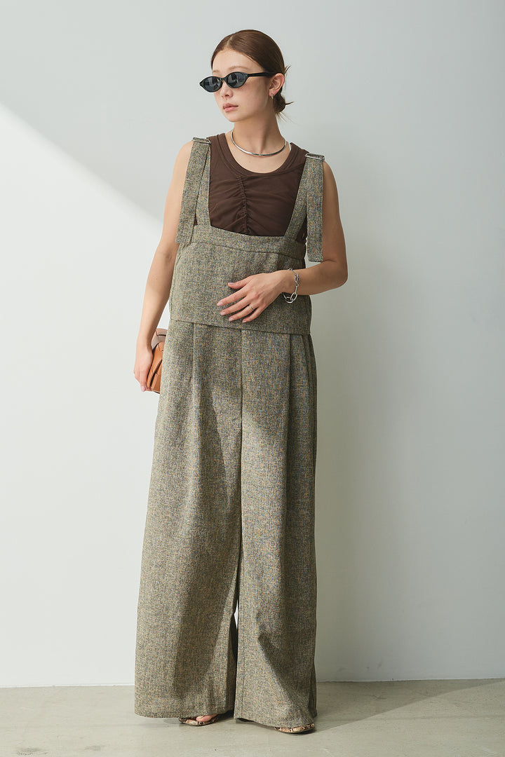 [SET]シャーリングシアータンクxリブタンクSET+ツイードライクケープサロペット(2set)