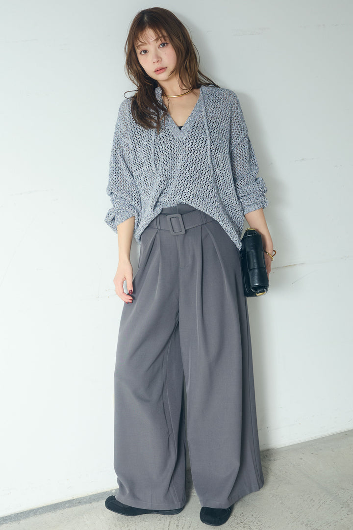 【即納】ミックスメッシュキーネックプルオーバー