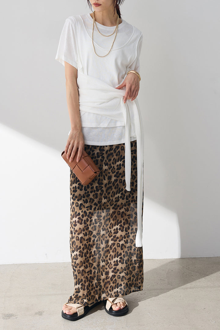 [SET]フロントタイTシャツ+レオパード柄ストレートスカート(2set)