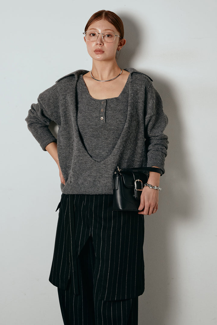 [SET]襟付きレイヤードニットトップス+細ストライプレイヤードデザインパンツ(2set)