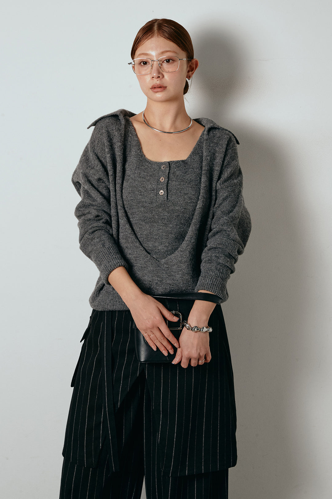 [SET]襟付きレイヤードニットトップス+細ストライプレイヤードデザインパンツ(2set)