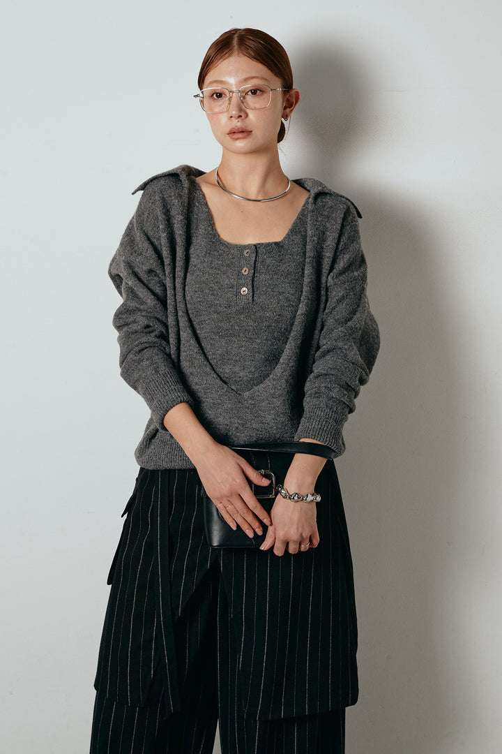 [SET]襟付きレイヤードニットトップス+細ストライプレイヤードデザインパンツ(2set)