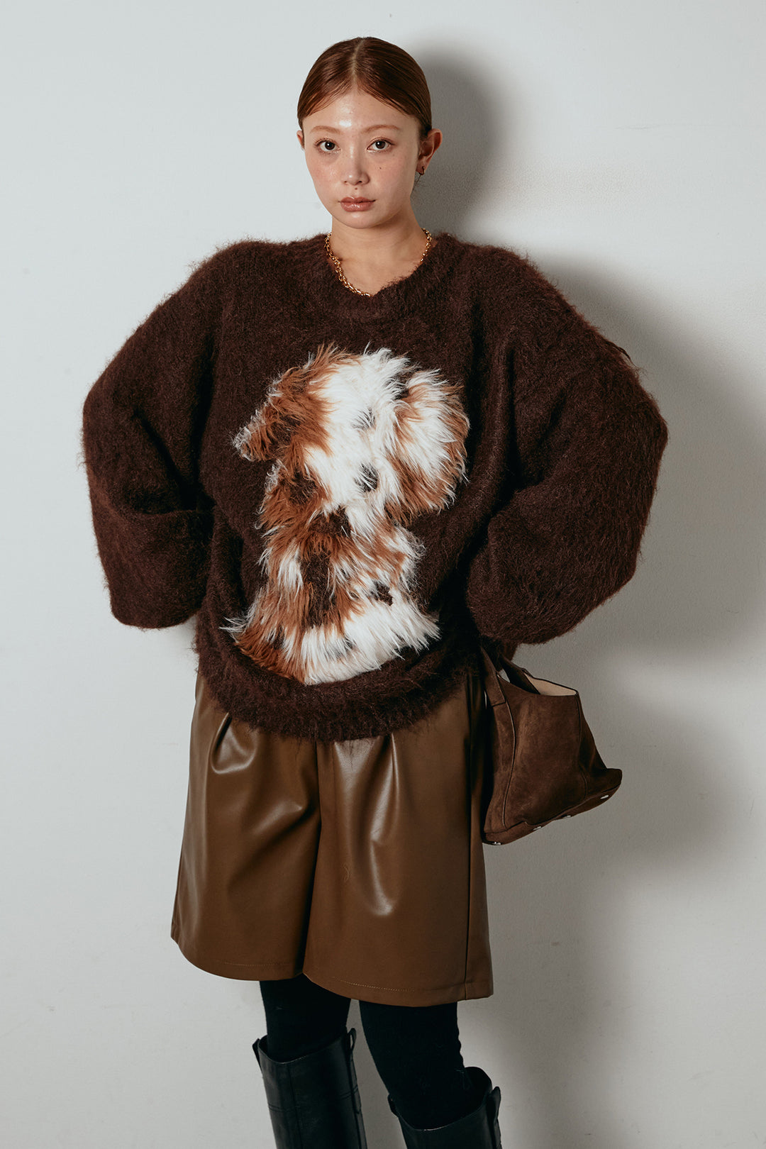 [SET]シャギーニュアンスアニマルニット+ストレッチエコレザーバミューダパンツ(2set)