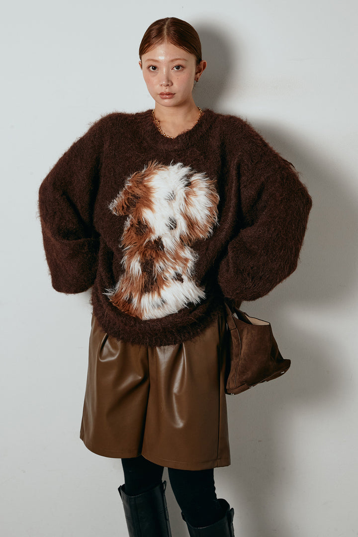 [SET]シャギーニュアンスアニマルニット+ストレッチエコレザーバミューダパンツ(2set)