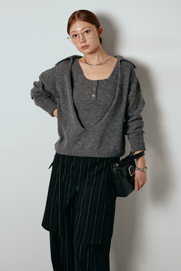 [SET]襟付きレイヤードニットトップス+細ストライプレイヤードデザインパンツ(2set)