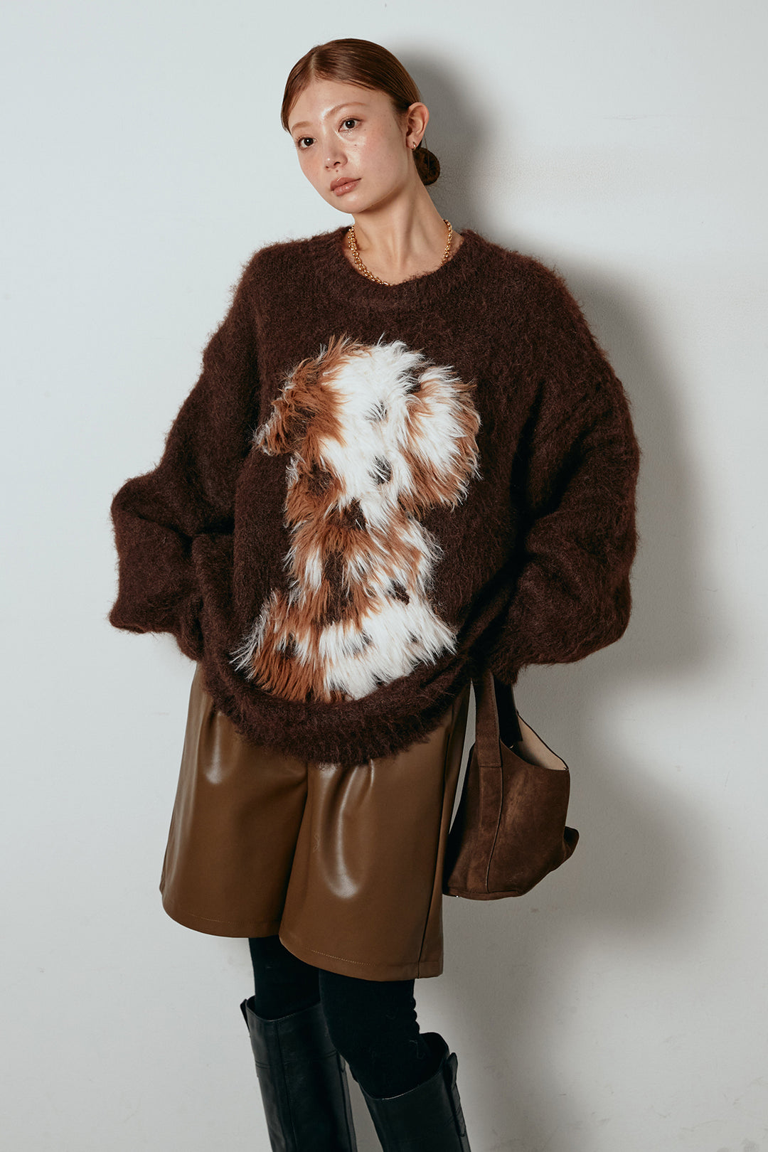 [SET]シャギーニュアンスアニマルニット+ストレッチエコレザーバミューダパンツ(2set)