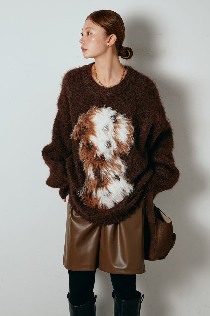 [SET]シャギーニュアンスアニマルニット+ストレッチエコレザーバミューダパンツ(2set)