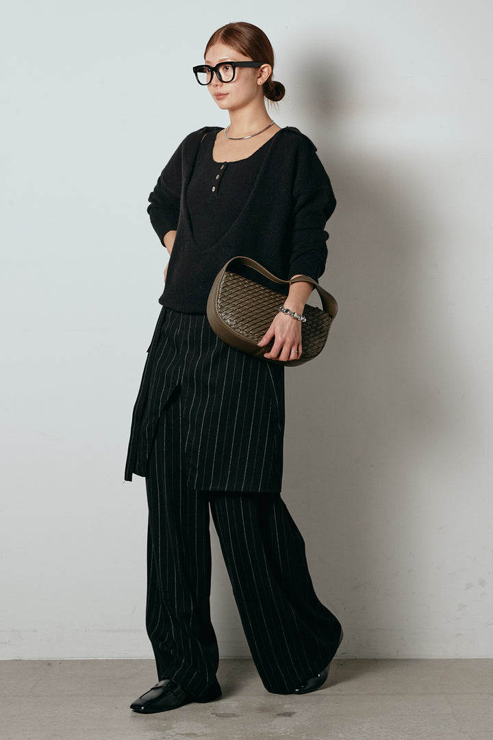 [SET]襟付きレイヤードニットトップス+細ストライプレイヤードデザインパンツ(2set)