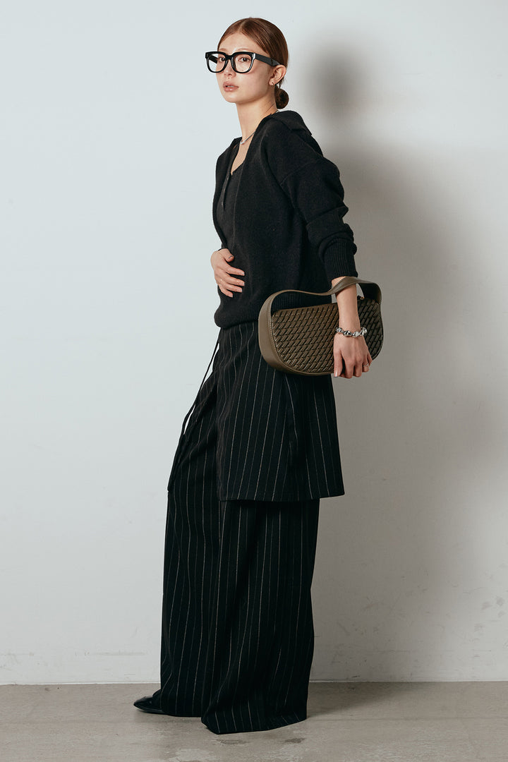 [SET]襟付きレイヤードニットトップス+細ストライプレイヤードデザインパンツ(2set)