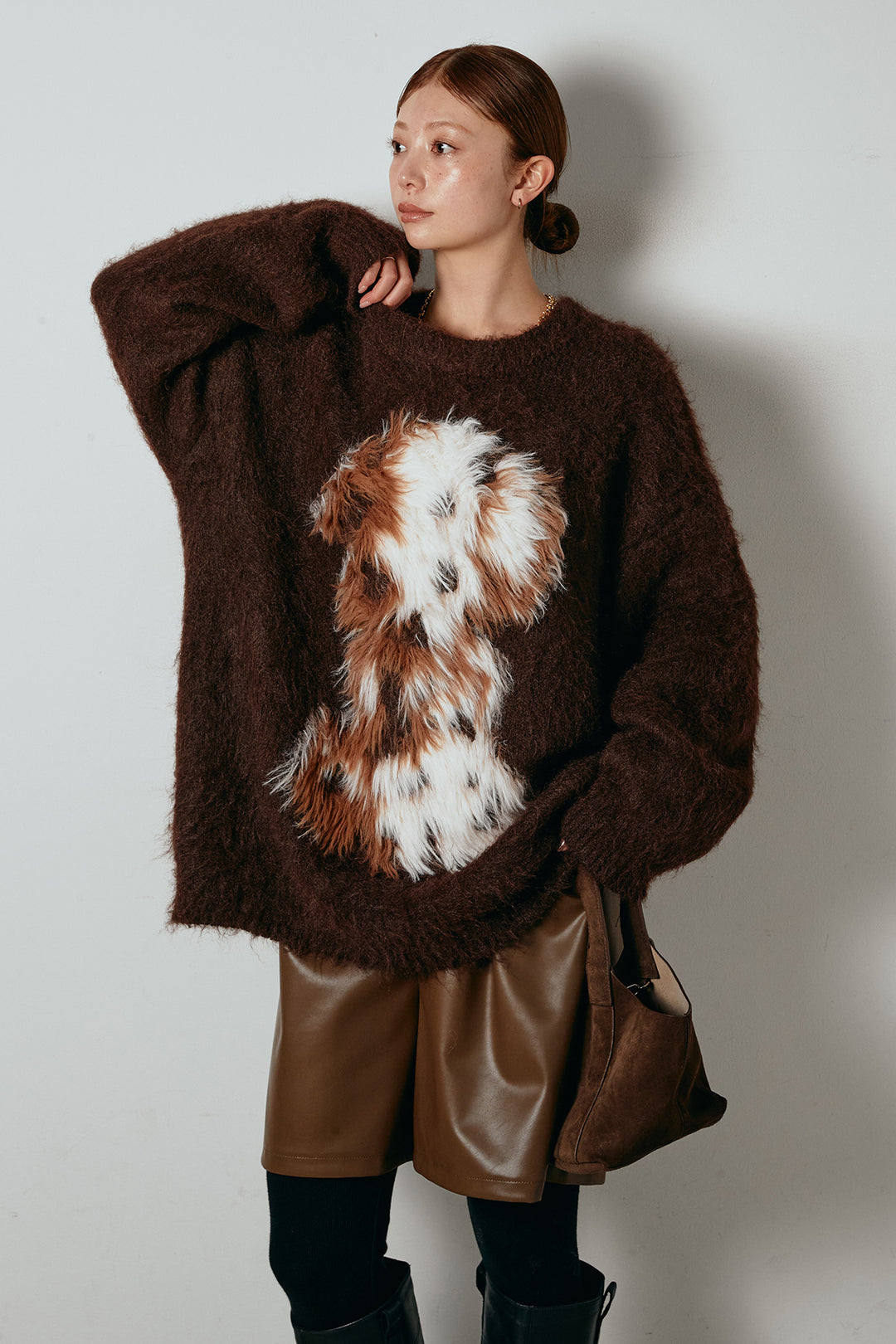 [SET]シャギーニュアンスアニマルニット+ストレッチエコレザーバミューダパンツ(2set)