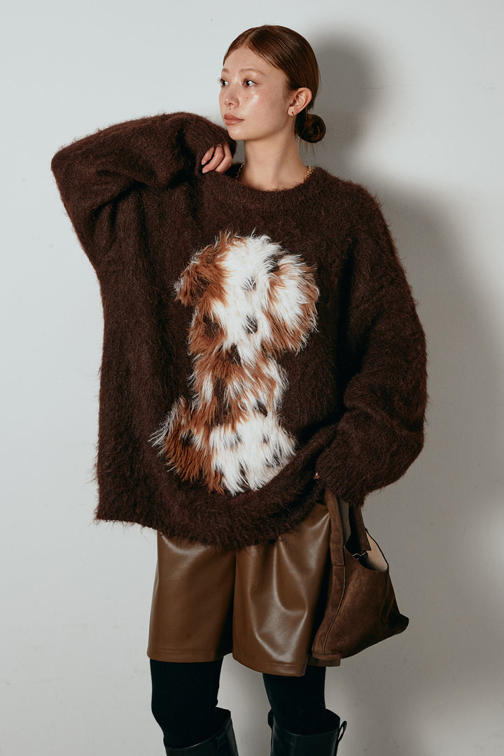 [SET]シャギーニュアンスアニマルニット+ストレッチエコレザーバミューダパンツ(2set)