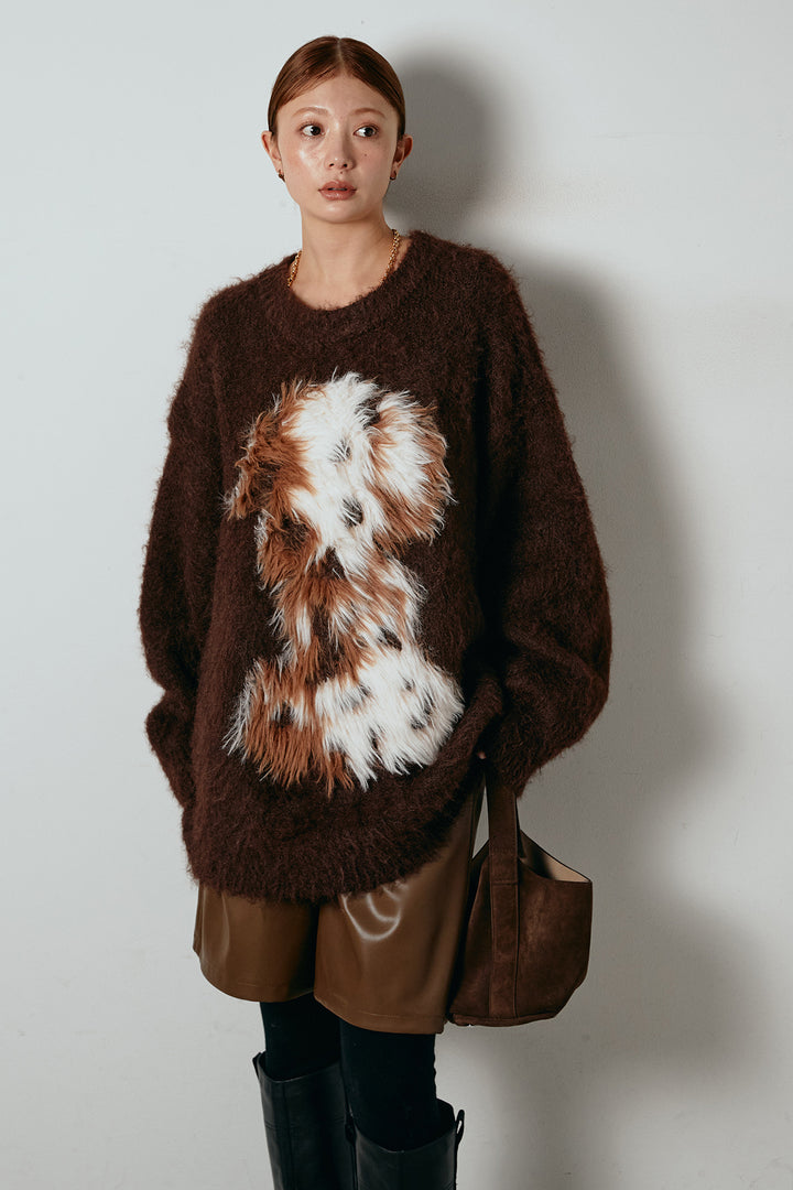 [SET]シャギーニュアンスアニマルニット+ストレッチエコレザーバミューダパンツ(2set)