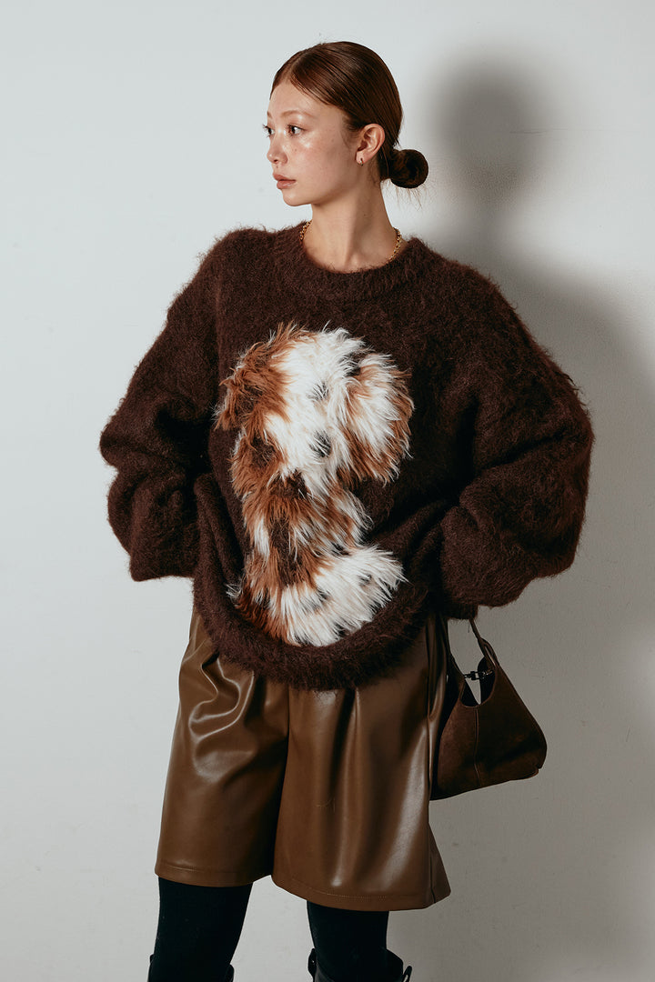 [SET]シャギーニュアンスアニマルニット+ストレッチエコレザーバミューダパンツ(2set)