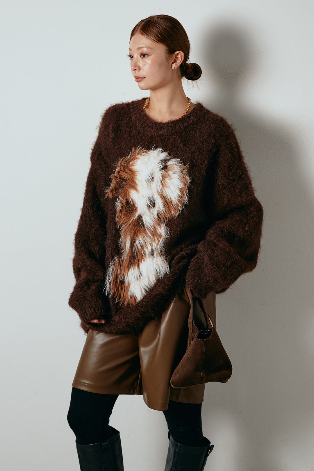 [SET]シャギーニュアンスアニマルニット+ストレッチエコレザーバミューダパンツ(2set)