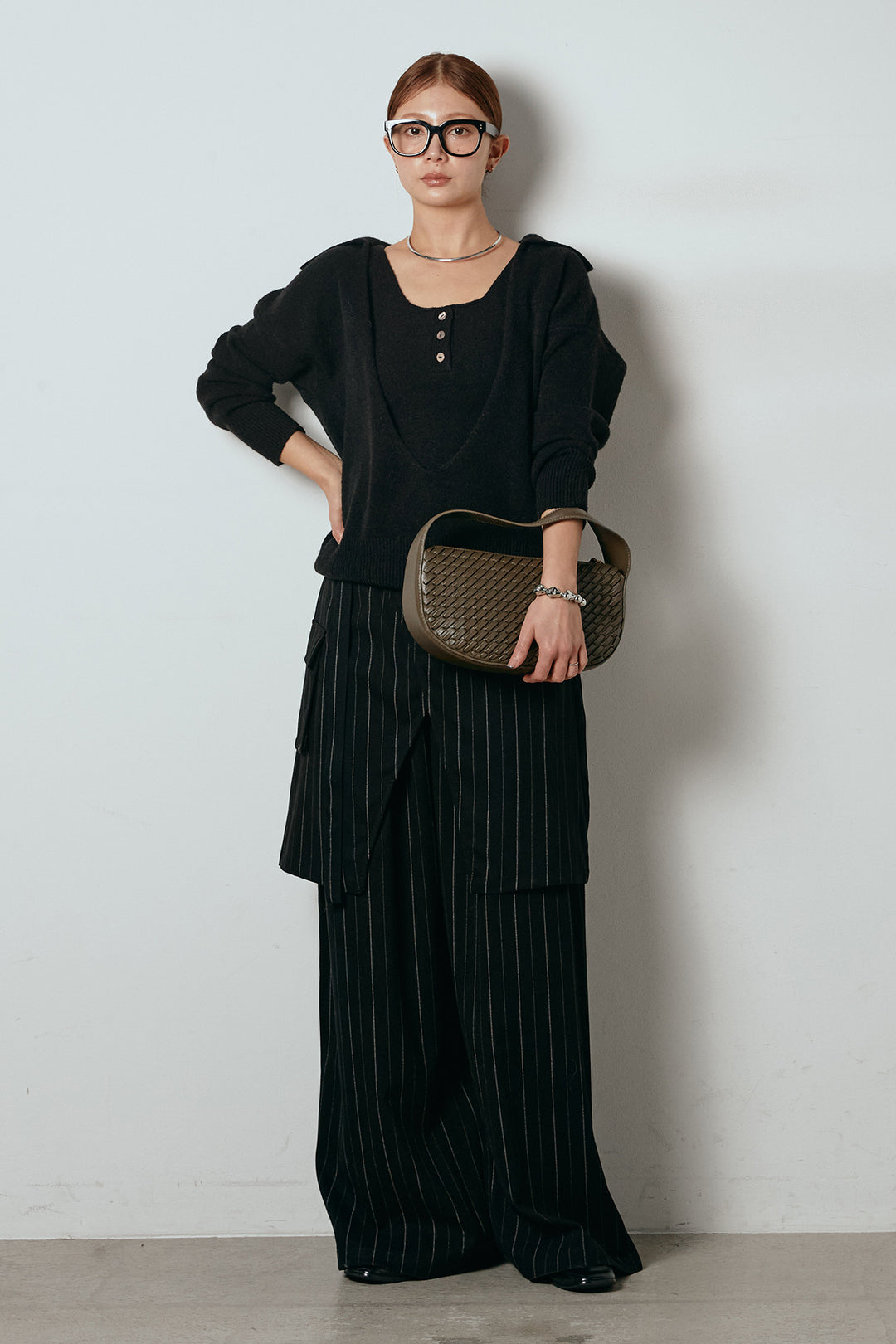 [SET]襟付きレイヤードニットトップス+細ストライプレイヤードデザインパンツ(2set)