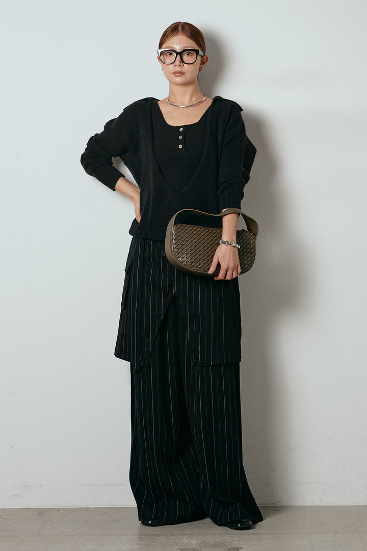 [SET]襟付きレイヤードニットトップス+細ストライプレイヤードデザインパンツ(2set)