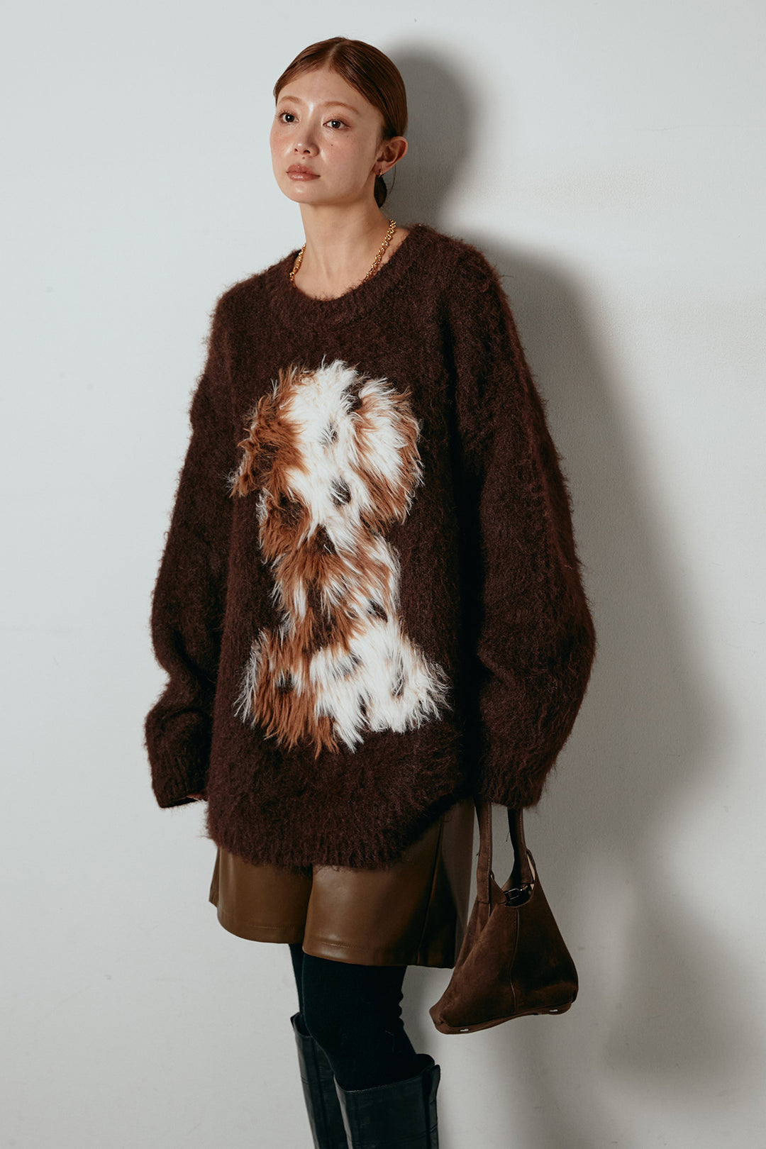 [SET]シャギーニュアンスアニマルニット+ストレッチエコレザーバミューダパンツ(2set)