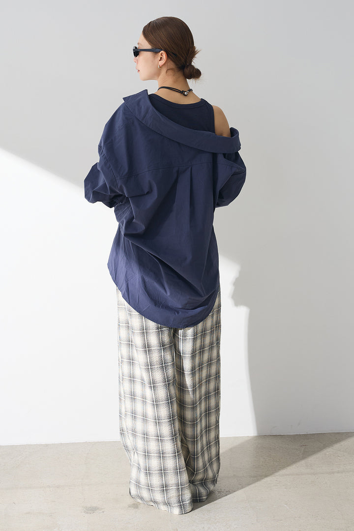[SET]タンク付きアシメシャツ+タータンチェックワイドパンツ(2set)