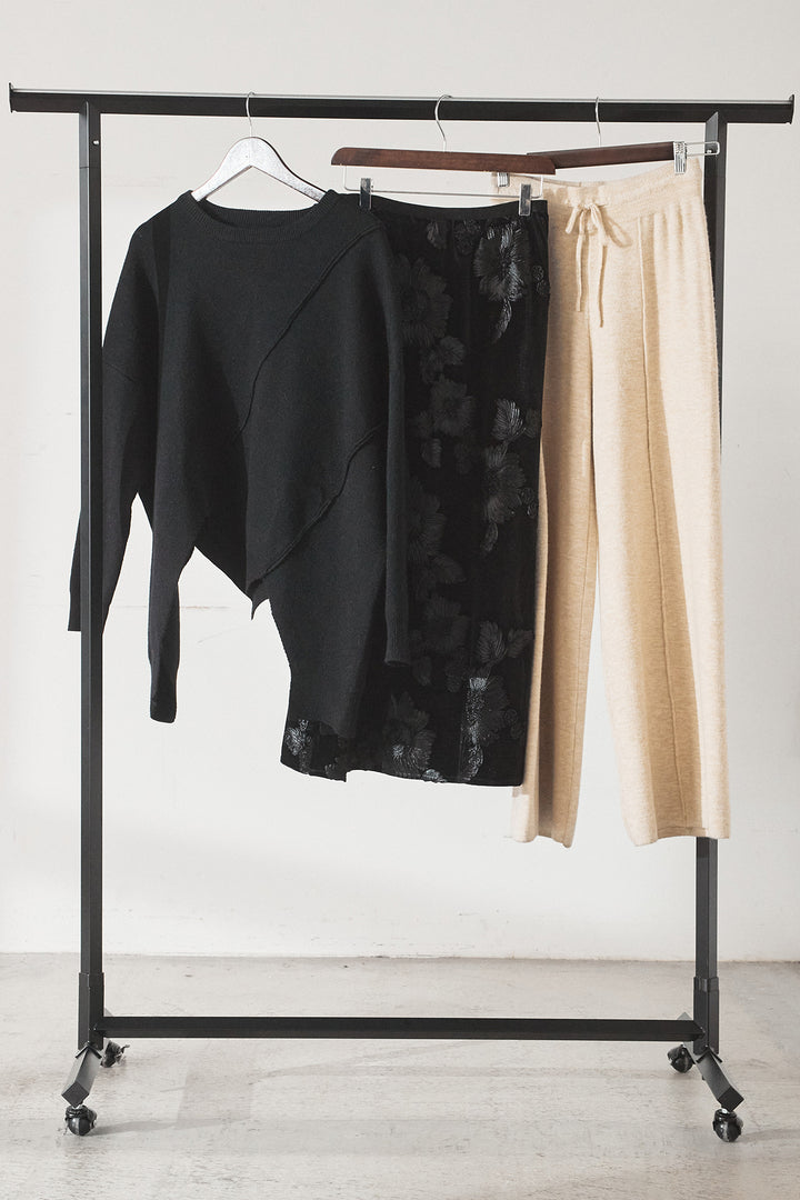 【着回しセット】[SET]アシンメトリーデザインニットトップス+センターラインニットパンツ+フラワー刺繍ワイドスカート(3set)