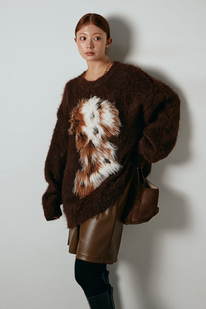 [SET]シャギーニュアンスアニマルニット+ストレッチエコレザーバミューダパンツ(2set)