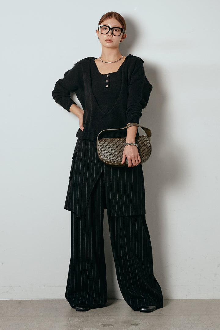 [SET]襟付きレイヤードニットトップス+細ストライプレイヤードデザインパンツ(2set)