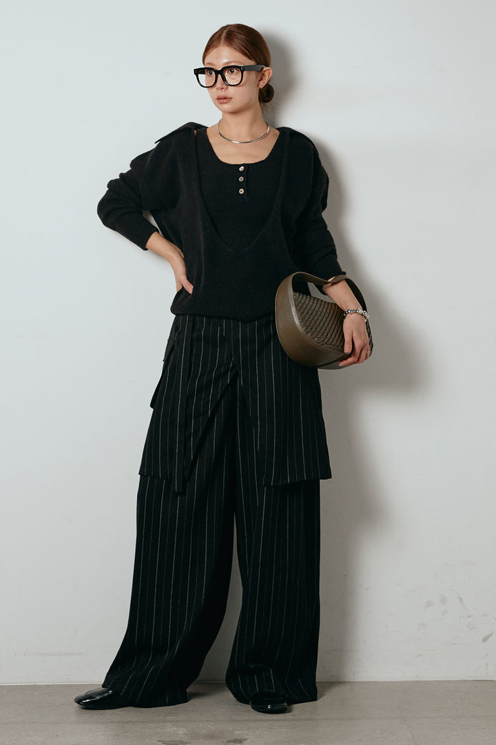 [SET]襟付きレイヤードニットトップス+細ストライプレイヤードデザインパンツ(2set)