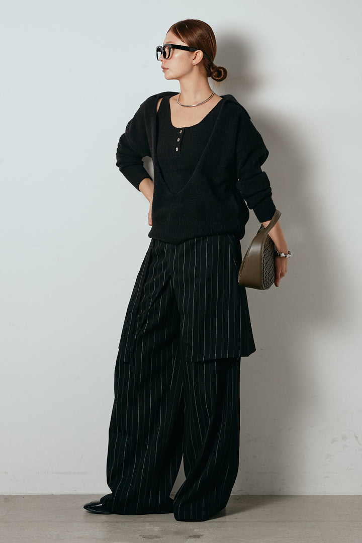 [SET]襟付きレイヤードニットトップス+細ストライプレイヤードデザインパンツ(2set)