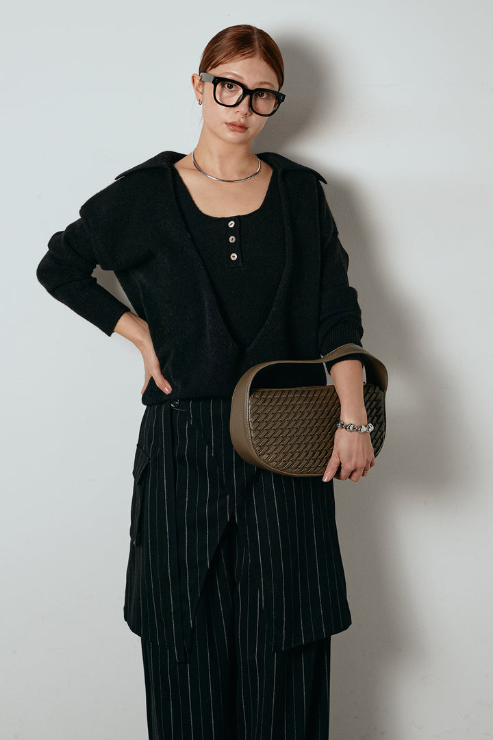 [SET]襟付きレイヤードニットトップス+細ストライプレイヤードデザインパンツ(2set)