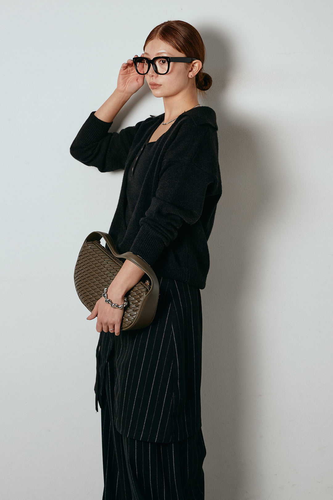 [SET]襟付きレイヤードニットトップス+細ストライプレイヤードデザインパンツ(2set)