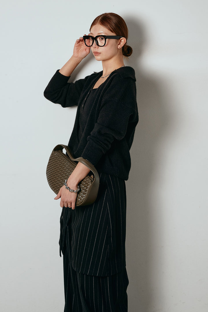 [SET]襟付きレイヤードニットトップス+細ストライプレイヤードデザインパンツ(2set)