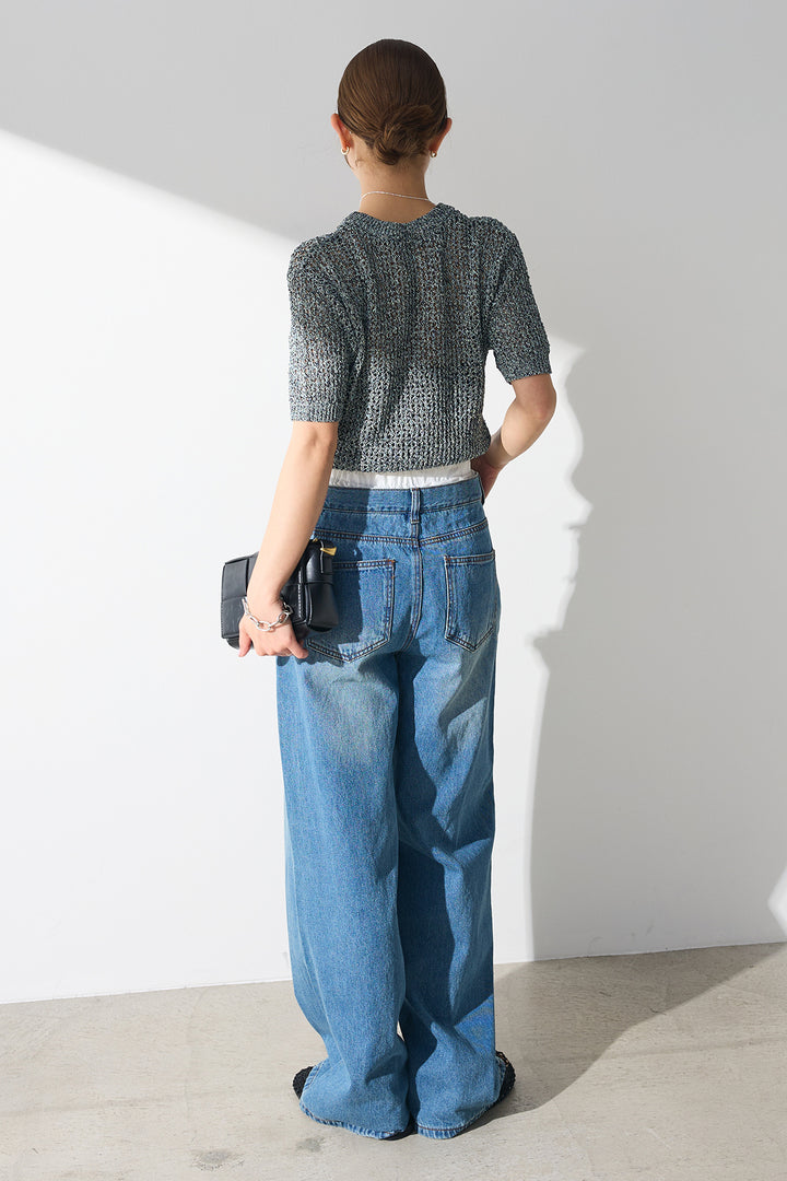 [SET]コード刺繍ロゴ入り麻タッチプルオーバー+ダブルウエストデニムパンツ(2set)