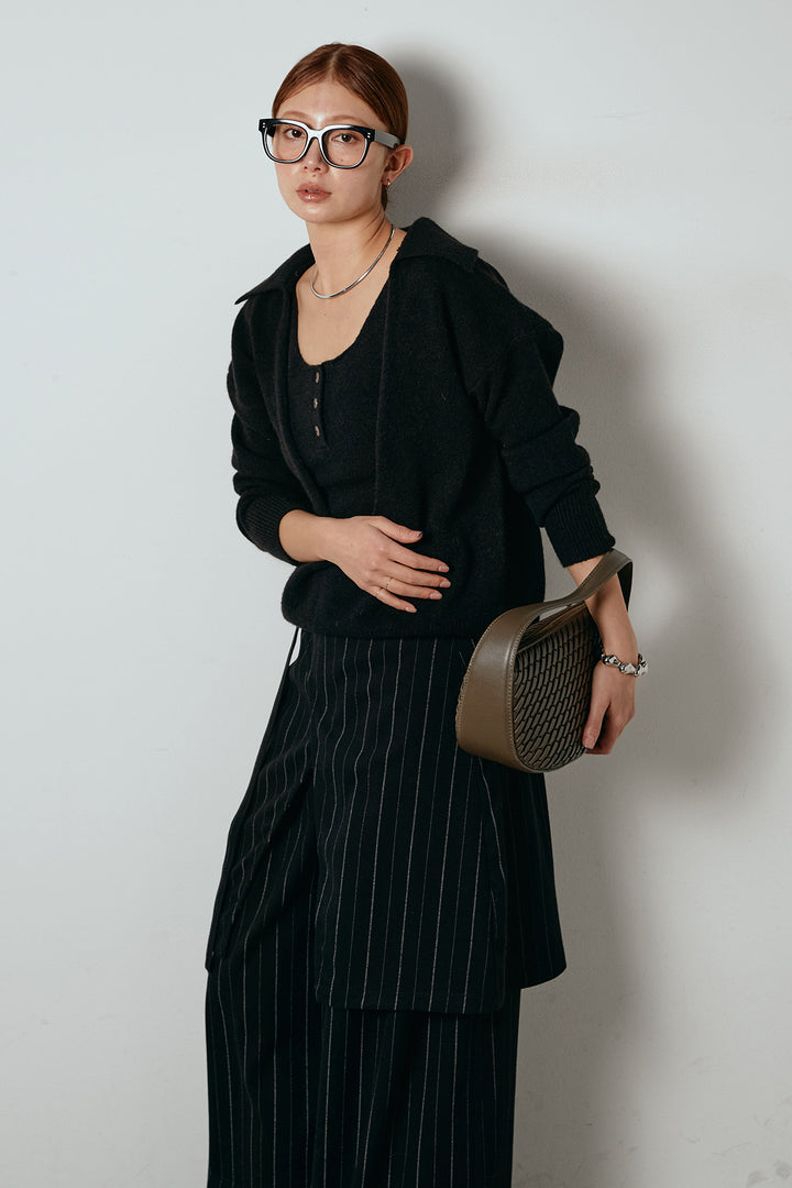 [SET]襟付きレイヤードニットトップス+細ストライプレイヤードデザインパンツ(2set)