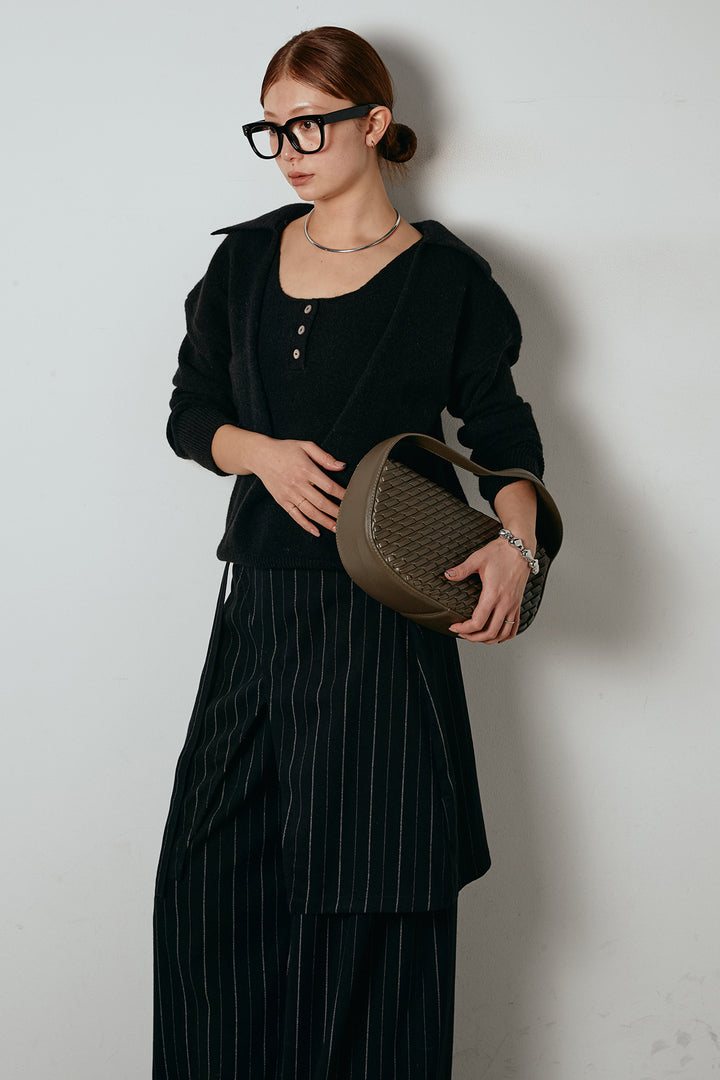 [SET]襟付きレイヤードニットトップス+細ストライプレイヤードデザインパンツ(2set)