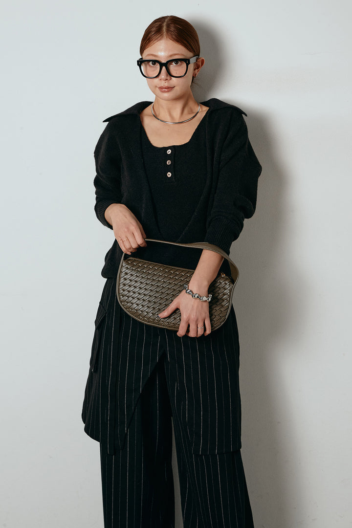 [SET]襟付きレイヤードニットトップス+細ストライプレイヤードデザインパンツ(2set)