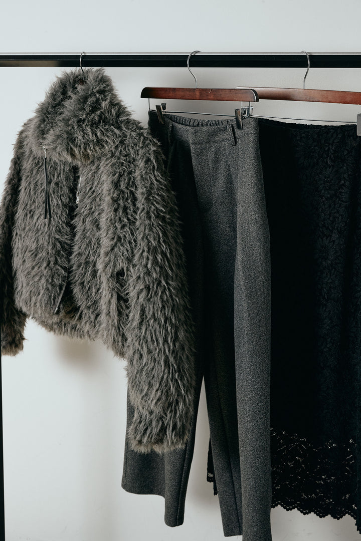 【着回しセット】[SET]ミックスシープファースタンドブルゾン+花柄刺繍ベロアフレアスカート+フェイクウールタックトラウザーズパンツ(3set)