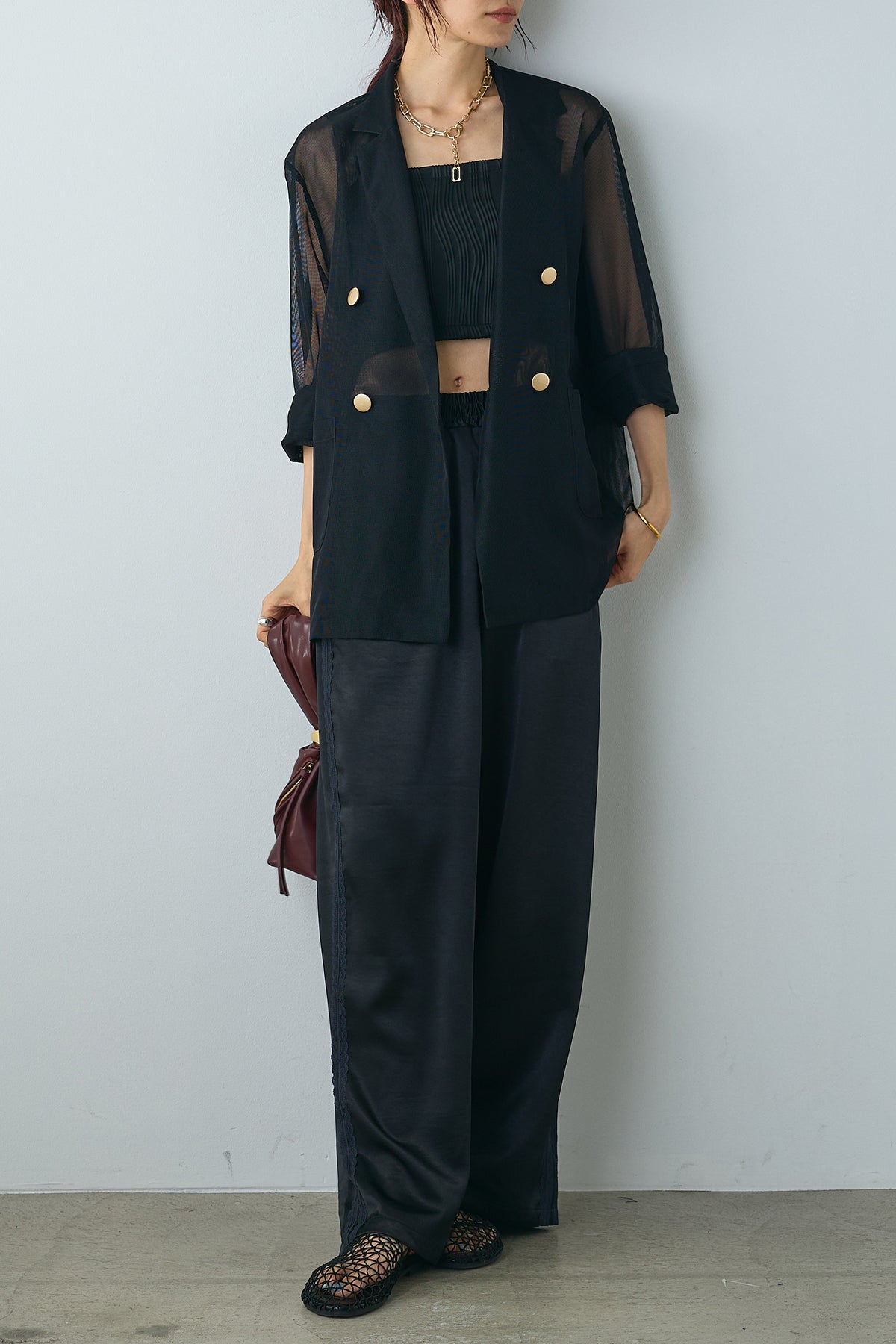 SET]シアーダブルテーラードジャケット+サテンレースライン